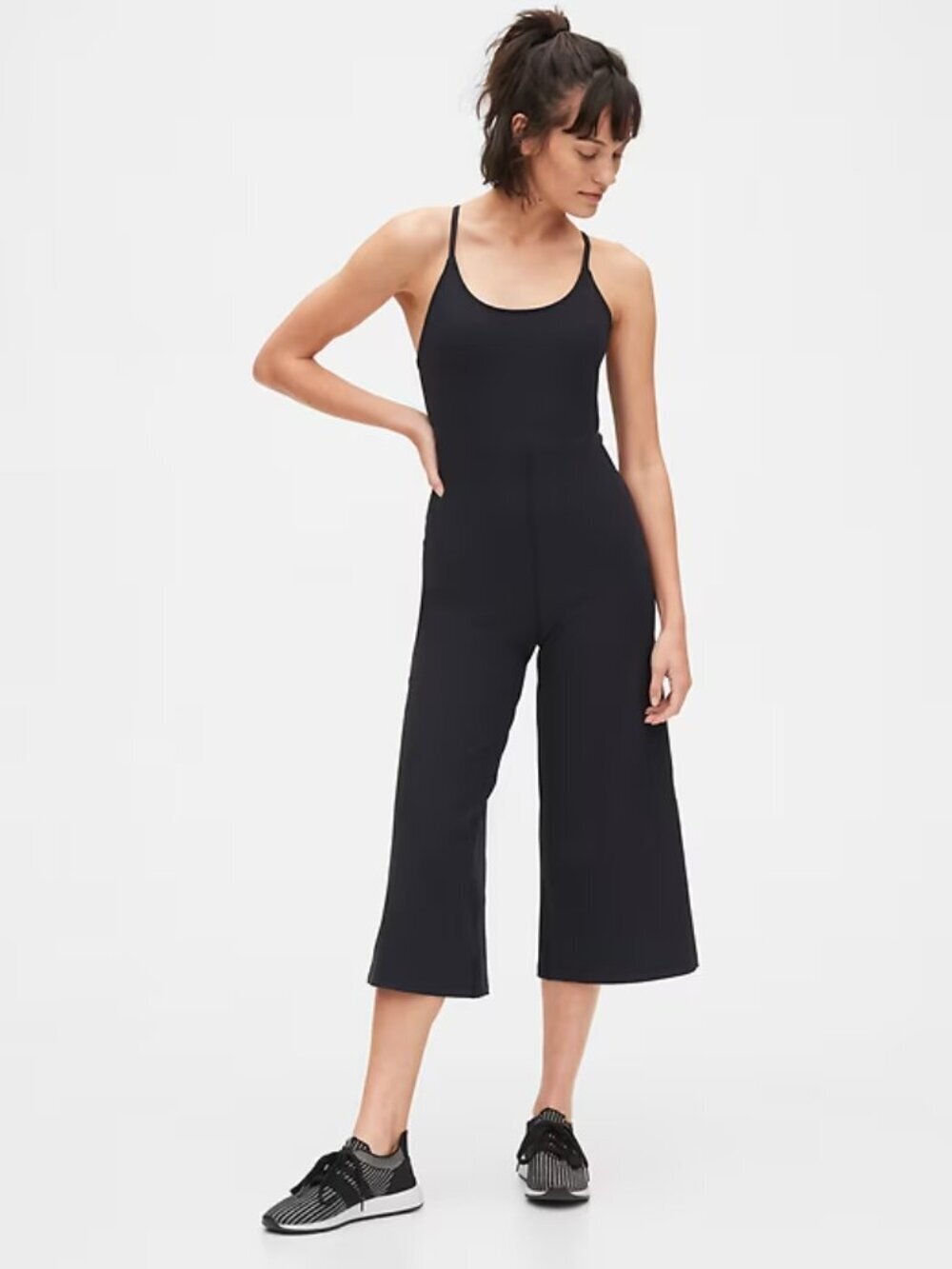 Gap GapFit Ribbed Stretch Jumpsuit Cropped Wide Leg Black Size Small
